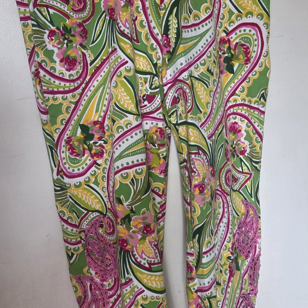 Vibrant Paisley Print Pants With Open Lace On Legs